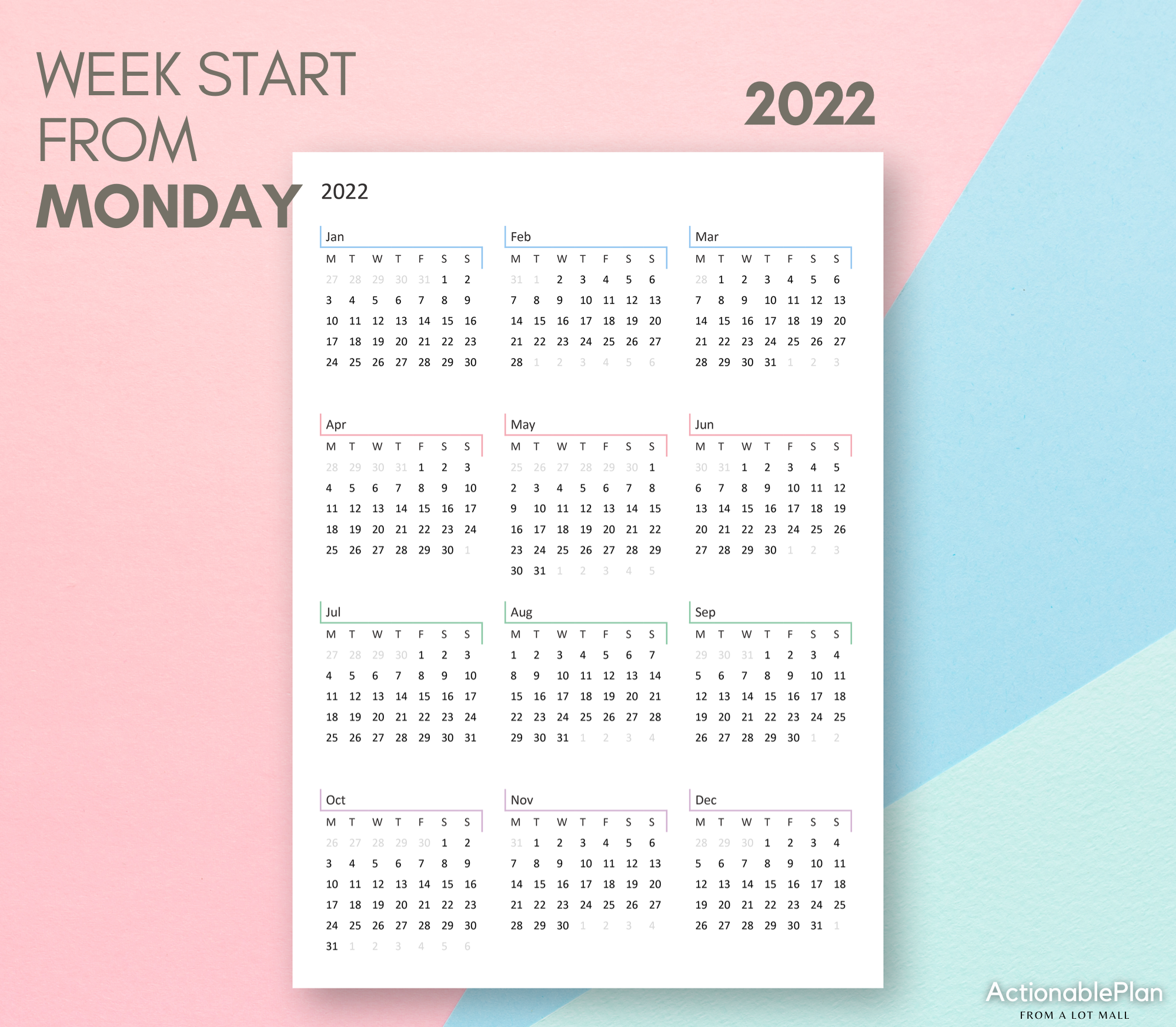 Color-coded Monthly Grid 2022 Calendar