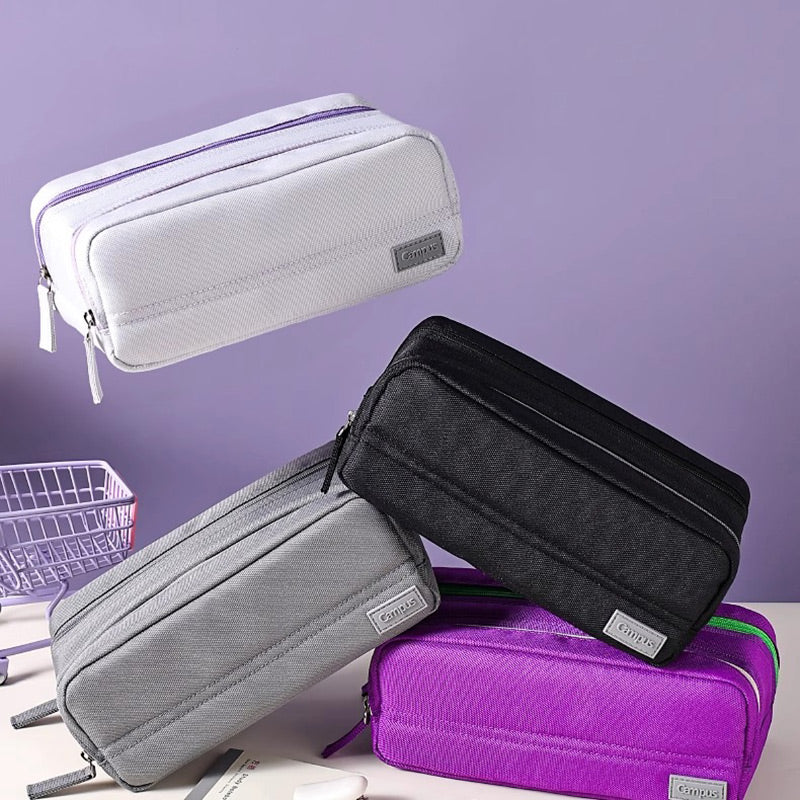 Dual-zippered Multi-compartment Fabric Pencil Case