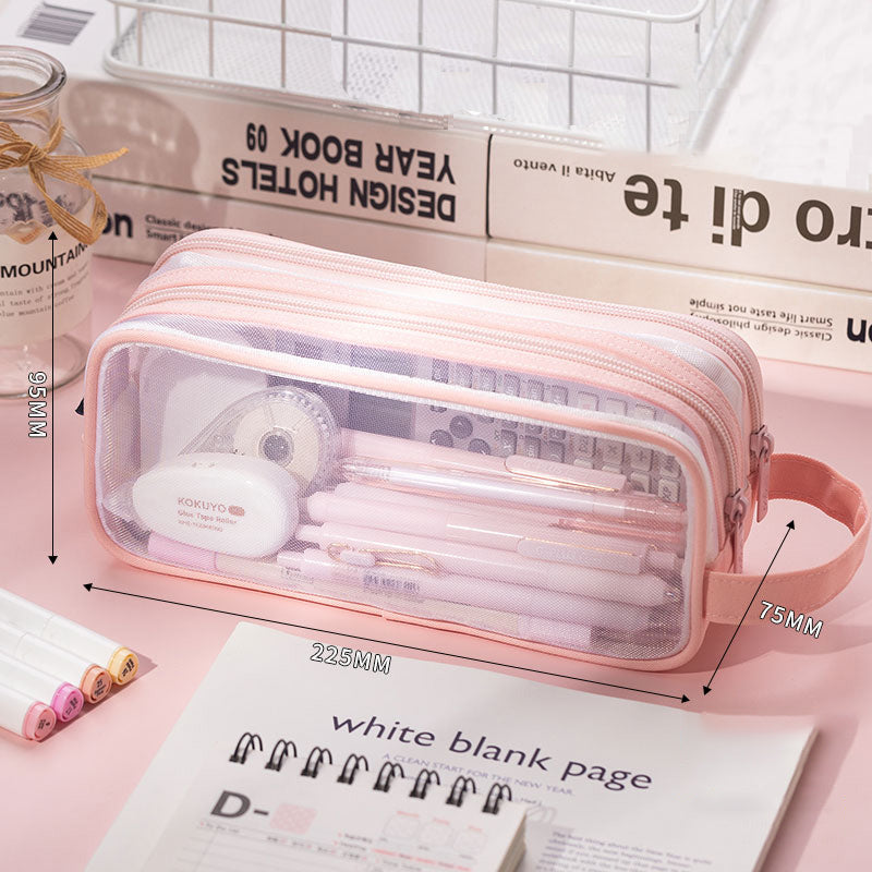 Minimalist Transparent Mesh Multi-compartment Pencil Case