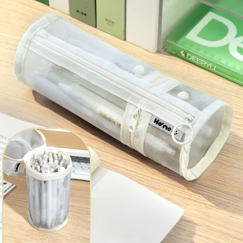 Minimalist Cylindrical Transparent Mesh Pencil Case